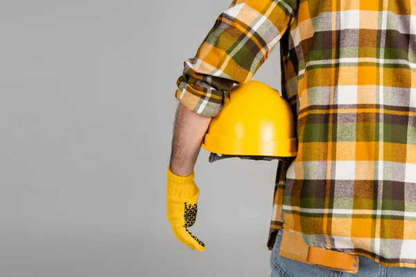 Rückseite Baumeister Mit Hardhat Isoliert Auf Grauem Labor Day Konzept — Stockfoto