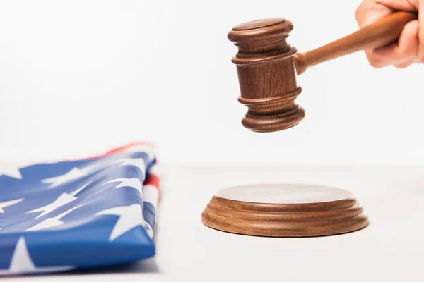 Cropped View Judge Holding Gavel American Flag White — Stock Photo, Image