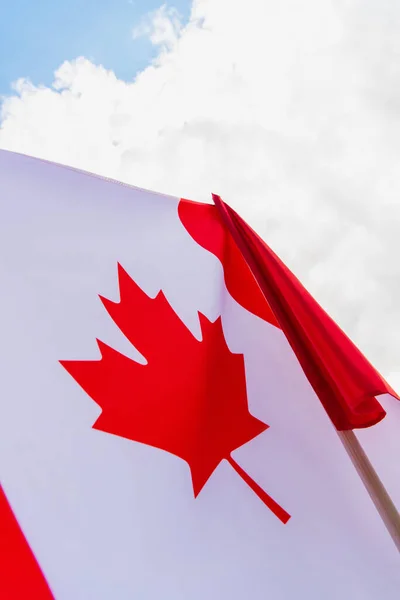 カナダの国旗の低い角度での空に対するカエデの葉 — ストック写真