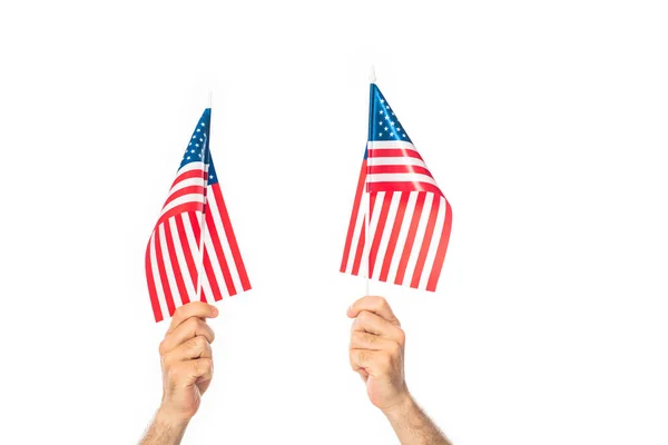 Bijgesneden Beeld Van Patriottische Mannen Met Vlaggen Van Amerika Geïsoleerd — Stockfoto