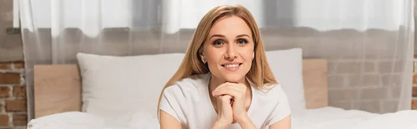 Pleased Blonde Woman Looking Camera Bedroom Banner — Stock Photo, Image