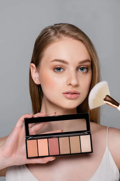 Pretty Woman Holding Cosmetic Brush Blush Palette Isolated Grey — Stock Photo, Image