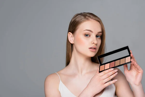Pretty Young Woman Holding Cosmetic Palette Isolated Grey — Stock Photo, Image