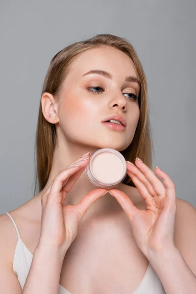 Pretty Young Woman Holding Face Powder Container Isolated Grey — Stock Photo, Image