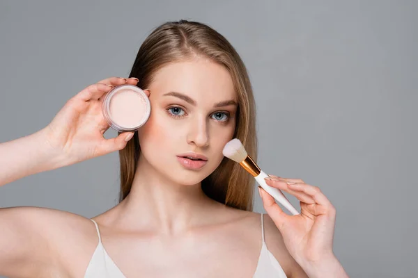 Young Woman Holding Cosmetic Brush Face Powder Isolated Gray — Stock Photo, Image