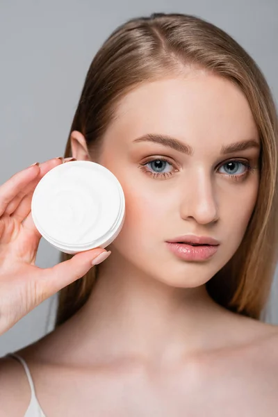 Pretty Young Woman Holding Container Face Cream Isolated Grey — Stock Photo, Image