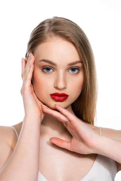 Bonita Mujer Joven Con Ojos Azules Labios Rojos Aislados Blanco — Foto de Stock