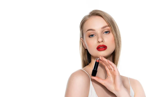 Pretty Young Woman Blue Eyes Red Lips Holding Lipstick Isolated — Stock Photo, Image