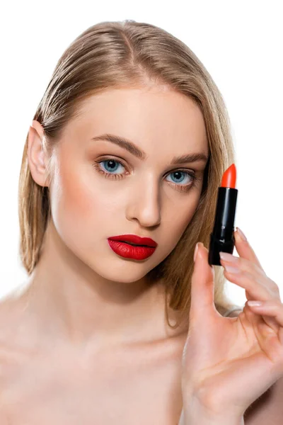 Pretty Woman Blue Eyes Red Lips Holding Lipstick Tube Isolated — Stock Photo, Image