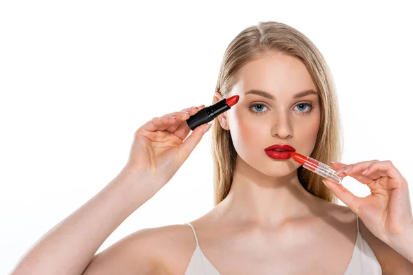 Pretty Woman Red Lips Holding Lipstick Tubes Isolated White — Stock Photo, Image