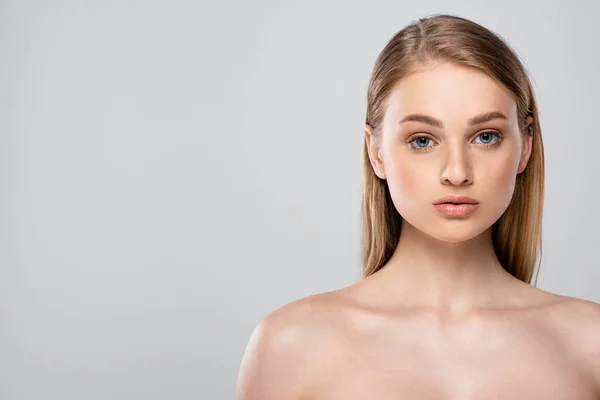 Young Woman Bare Shoulders Blue Eyes Isolated Grey — Stock Photo, Image