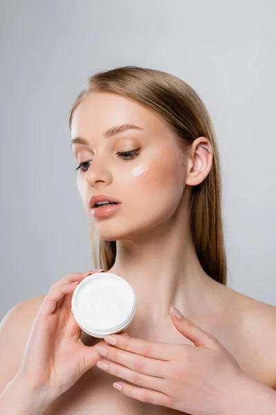 Pretty Woman Blue Eyes Holding Container Face Cream Isolated Grey — Stock Photo, Image