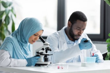 Mikroskopla bakan Müslüman bilim adamı, laboratuvarda çalışan, bulanık Afrikalı Amerikalı meslektaşı 