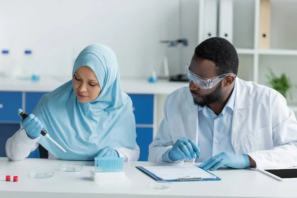 African American Arabian Scientists Working Petri Dishes Digital Tablet Clipboard — Stock Fotó