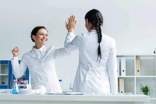 Happy African American Scientist Showing Yes Gesture Giving High Five — Stock Photo, Image