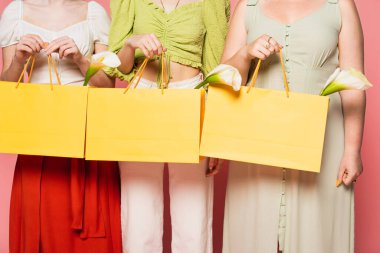 Pembe arka planda çiçeklerle dolu alışveriş torbaları tutan pozitif vücutlu arkadaşlar. 