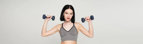 Woman Vitiligo Training Dumbbells Isolated Grey Banner — Stock Photo, Image