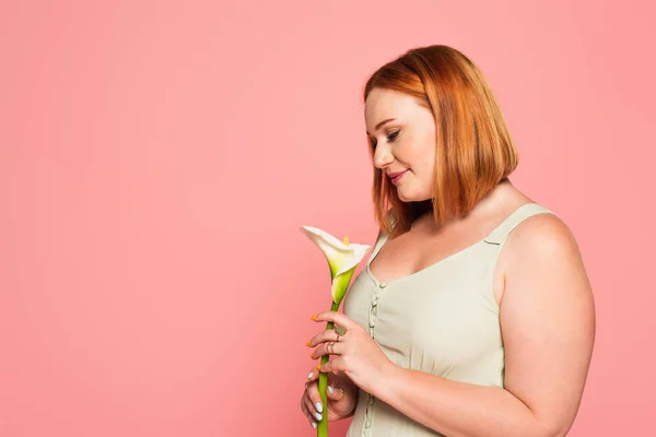 Zijaanzicht Van Mooie Size Vrouw Kijken Naar Bloem Geïsoleerd Roze — Stockfoto