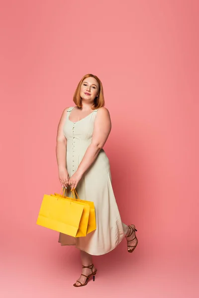 Fashionable Size Woman Holding Shopping Bags Pink Background — Stock Photo, Image