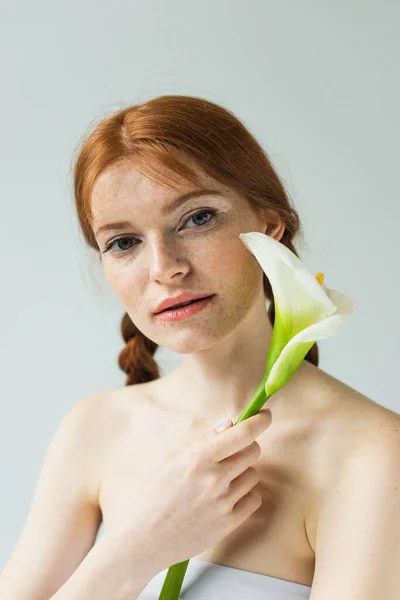 Freckled Woman Holding Calla Lily Looking Camera Isolated Grey — Stock Photo, Image