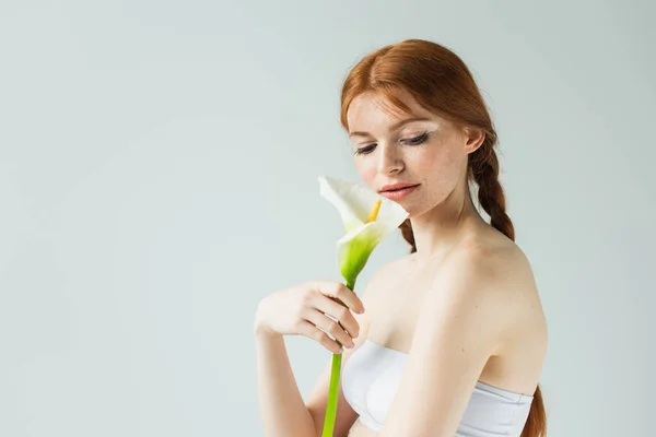 Pretty Red Haired Woman Top Holding Calla Lily Isolated Grey — Stock Photo, Image