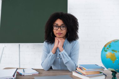 Afrika kökenli Amerikalı öğretmen kameraya bakıyor ve sınıfta bulanık bir dünya var. 