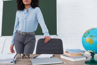 Dizüstü bilgisayarın, kitapların ve dünyanın yanında duran Afrikalı Amerikan öğretmeninin kırpılmış görüntüsü 