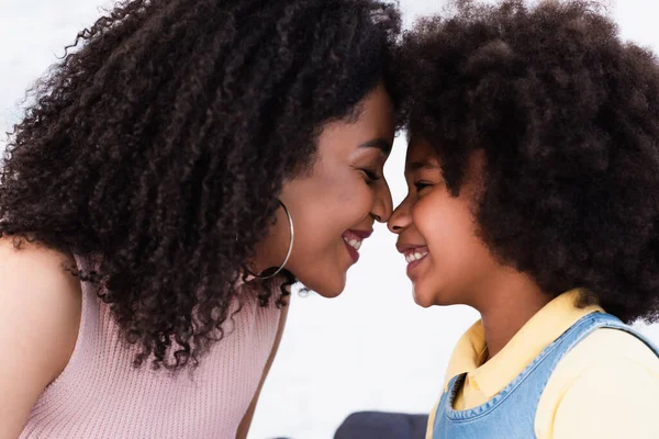 Vista Laterale Madre Figlia Afro Americana Piedi Faccia Faccia Casa — Foto Stock