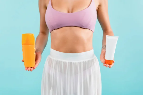 Cropped View Woman Swimsuit Pareo Holding Tube Bottle Sunscreen Isolated — Φωτογραφία Αρχείου