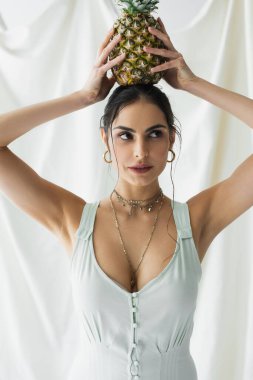Kafasının üstünde ananas tutan güzel bir kadın. 