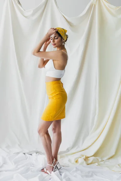 Full Length Woman Yellow Headscarf Skirt Crop Top Posing White — Stock Photo, Image