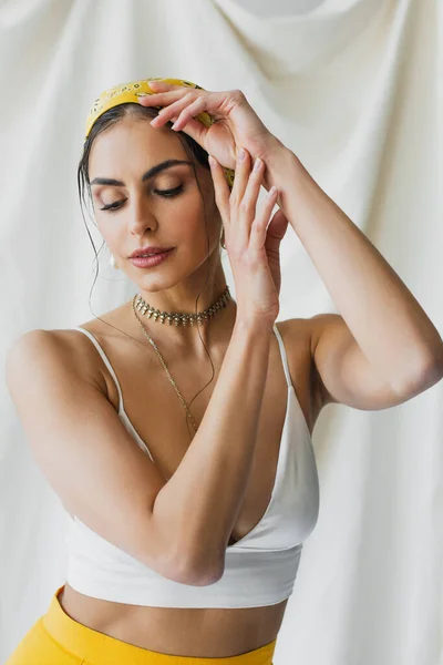 Woman Yellow Headscarf Crop Top Posing While Looking Away White — Stock Photo, Image
