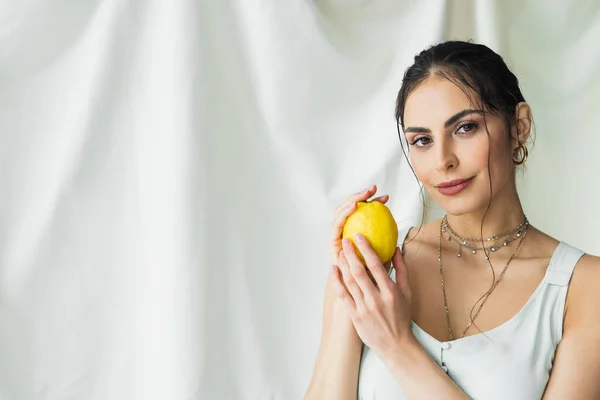 Smiling Woman Dress Holding Fresh Lemon White — Stock Photo, Image