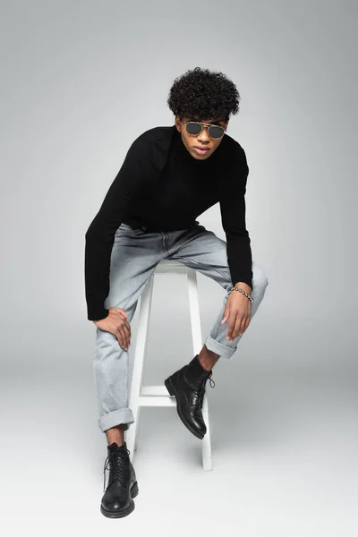 Trendy African American Man Black Sunglasses Sitting High Stool Looking — Photo