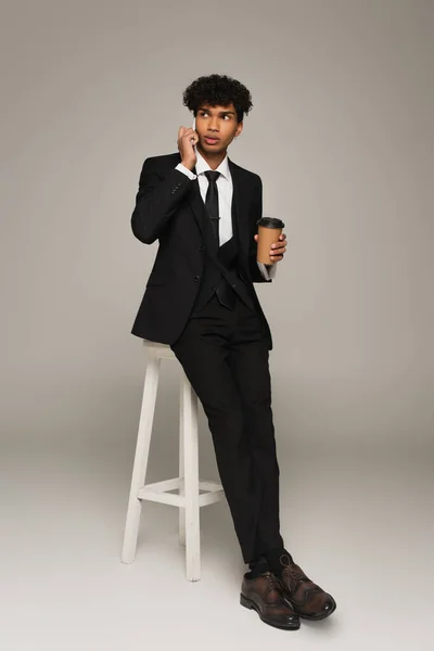 African American Businessman Sitting High Stool Coffee Talking Cellphone Grey — Stock Photo, Image