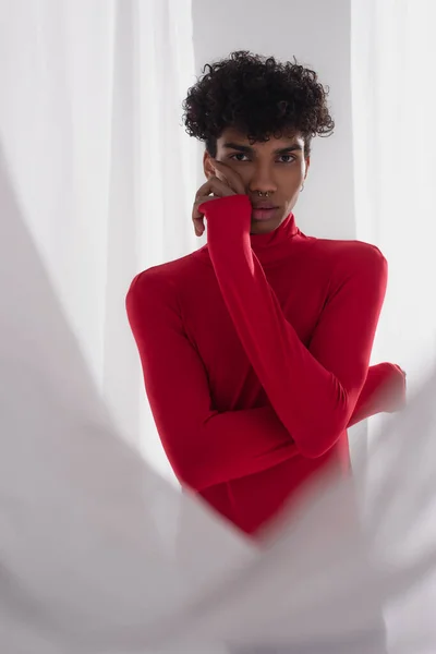 Young African American Man Red Turtleneck Posing Hand Face White —  Fotos de Stock
