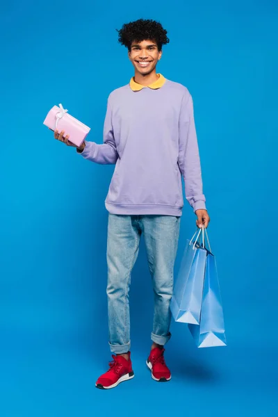 Full Length View African American Man Standing Shopping Bags Present — Stock Photo, Image