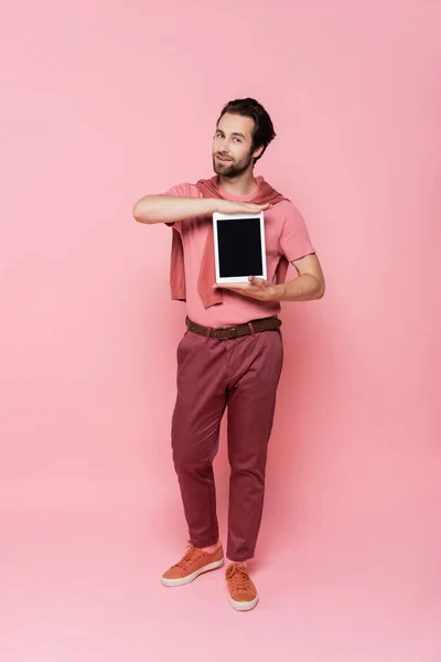 Full Length Young Man Holding Digital Tablet Blank Screen Looking — Stock Photo, Image