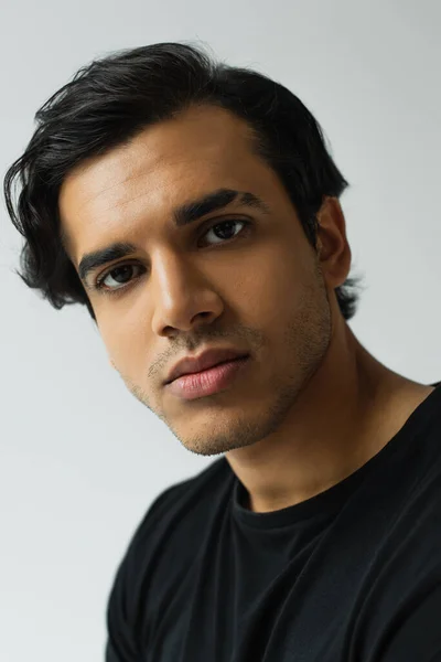 Portrait Young Man Looking Camera Isolated Grey — Stock Photo, Image