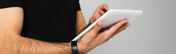 Cropped View Young Man Black Shirt Using Digital Tablet Isolated — Stock Photo, Image