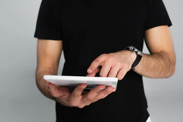 Partial View Young Man Black Shirt Pointing Digital Tablet Isolated — Stock Photo, Image