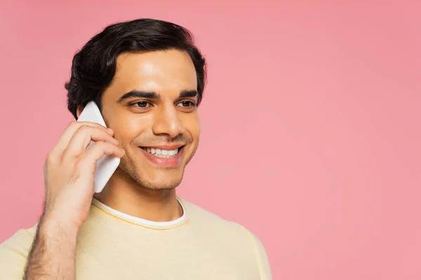Pleased Young Man Talking Smartphone Looking Away Isolated Pink — Stock Photo, Image