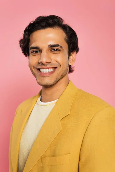 Joyful Young Man Trendy Blazer Isolated Pink — Stock Photo, Image