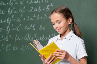 pleased schoolkid reading book near blurred equations on chalkboard clipart