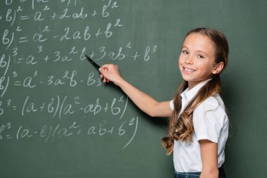 Mutlu okul çocuğu tahtadaki matematik denklemlerine kalemle işaret ediyor.