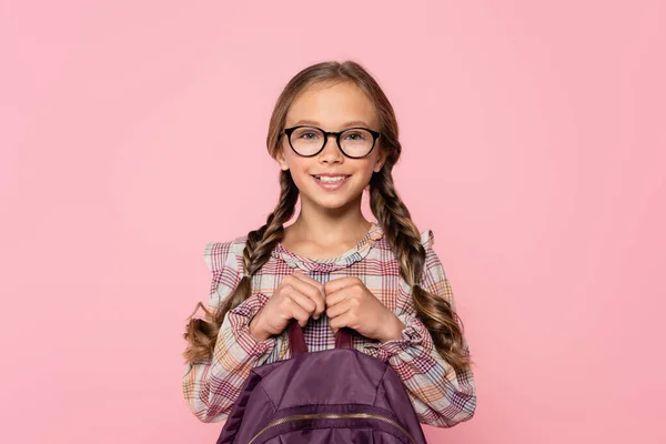 Schoolgirl Checkered Shirt Holding Backpack Smiling Camera Isolated Pink —  Fotos de Stock