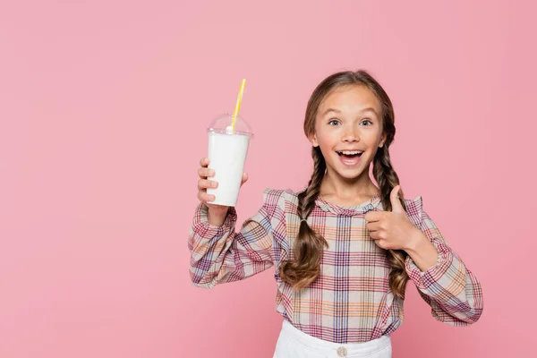 Kid Milkshake Showing Gesture Isolated Pink —  Fotos de Stock