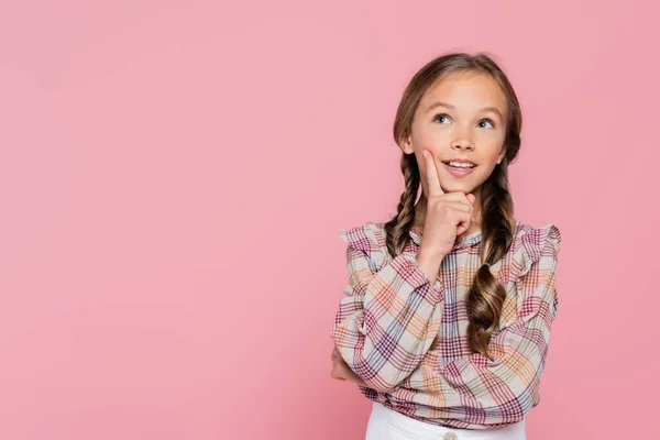 Dreamy Kid Looking Away Isolated Pink — Stock Photo, Image