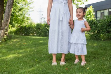 Anne ve küçük Asyalı çocuk parkta el ele tutuşuyorlar. 