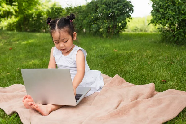 Toddler Asian Girl Watching Movie Laptop While Sitting Picnic Blanket — Stock Photo, Image